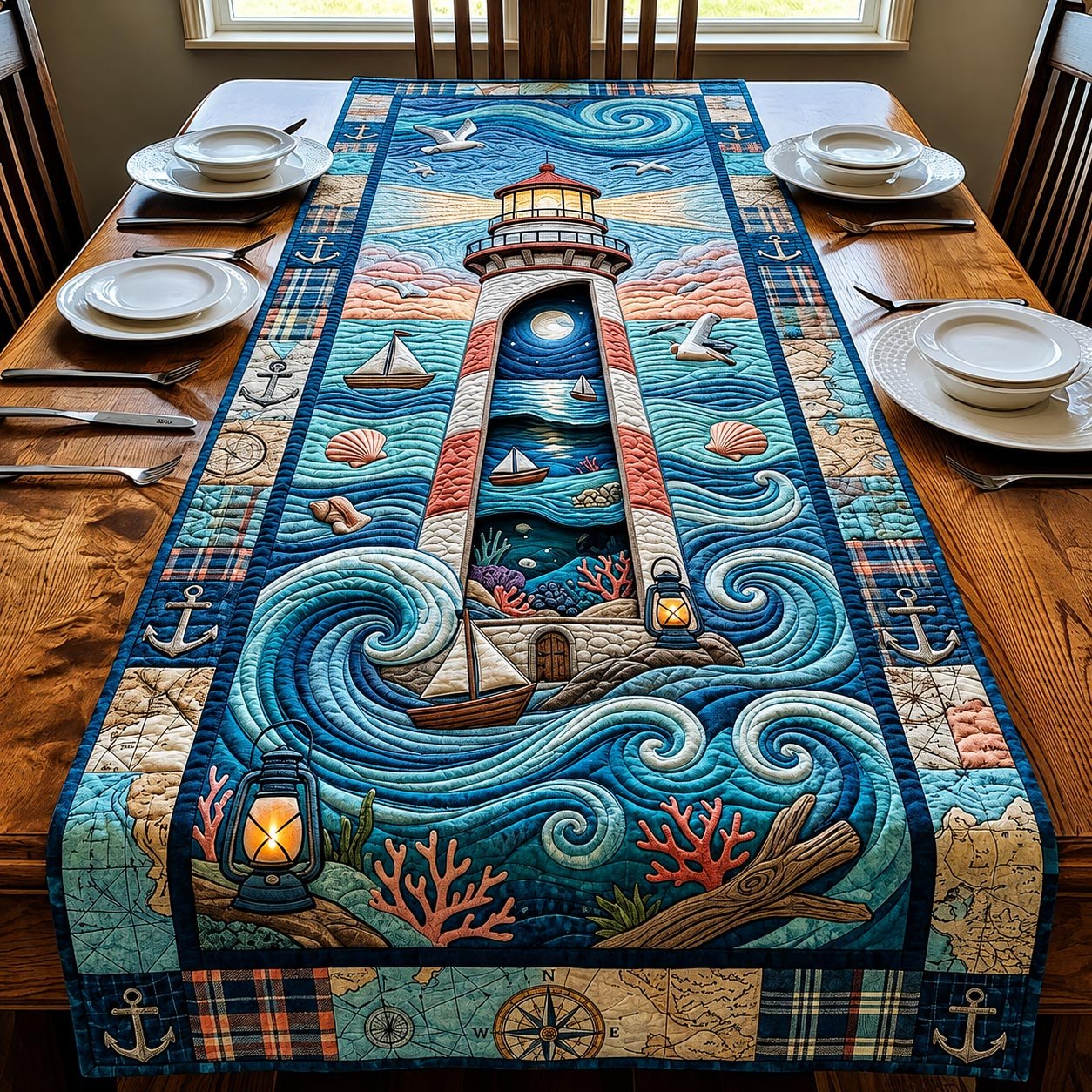 Lighthouse with Sailboat on Blue Swirls Table Runner