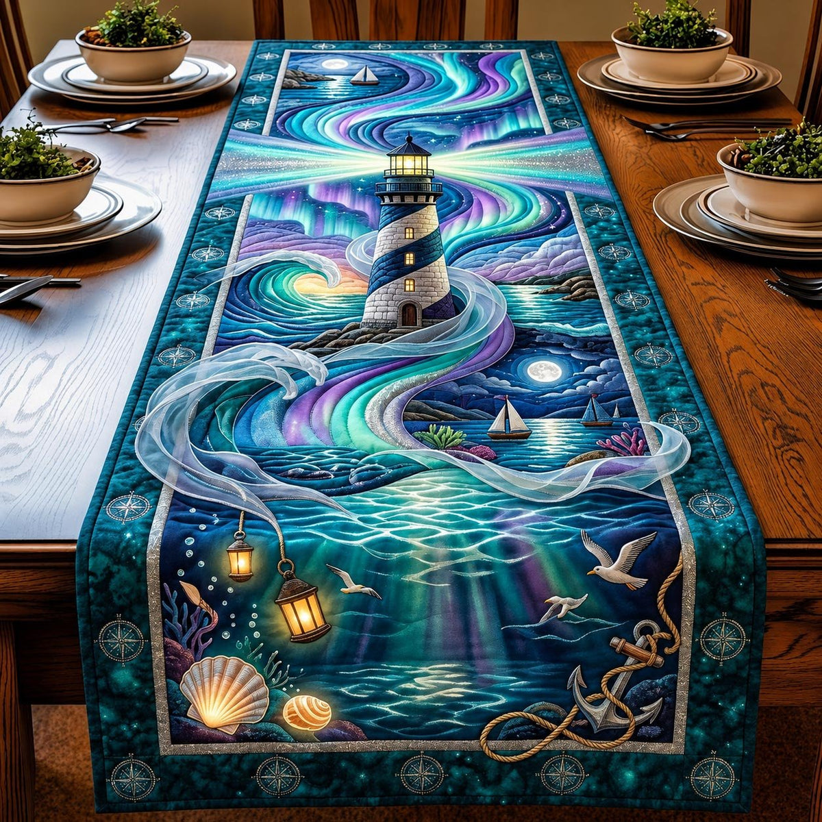 Lighthouse Under Northern Lights Table Runner