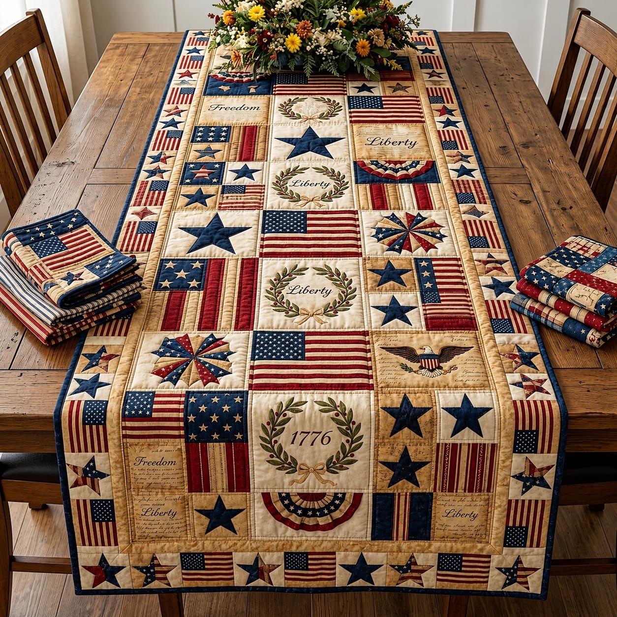 Patriotic Flag Blocks with Wreath Table Runner