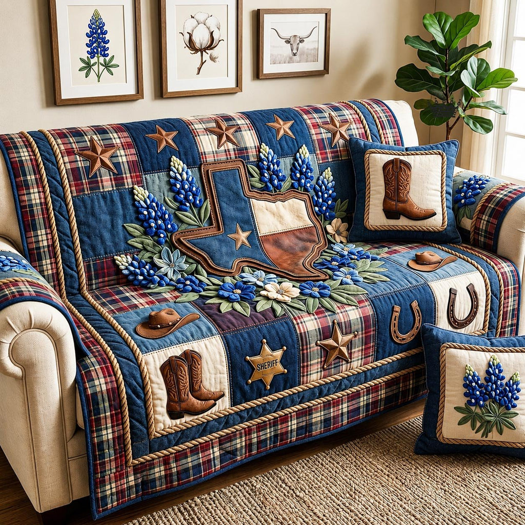 Cowboy Boots Among Bluebonnets Sofa Cover