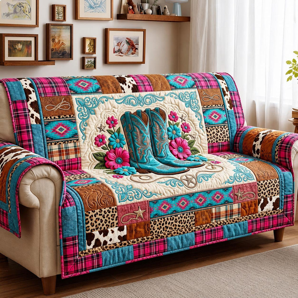 Turquoise Boots on Pink Western Blocks Sofa Cover