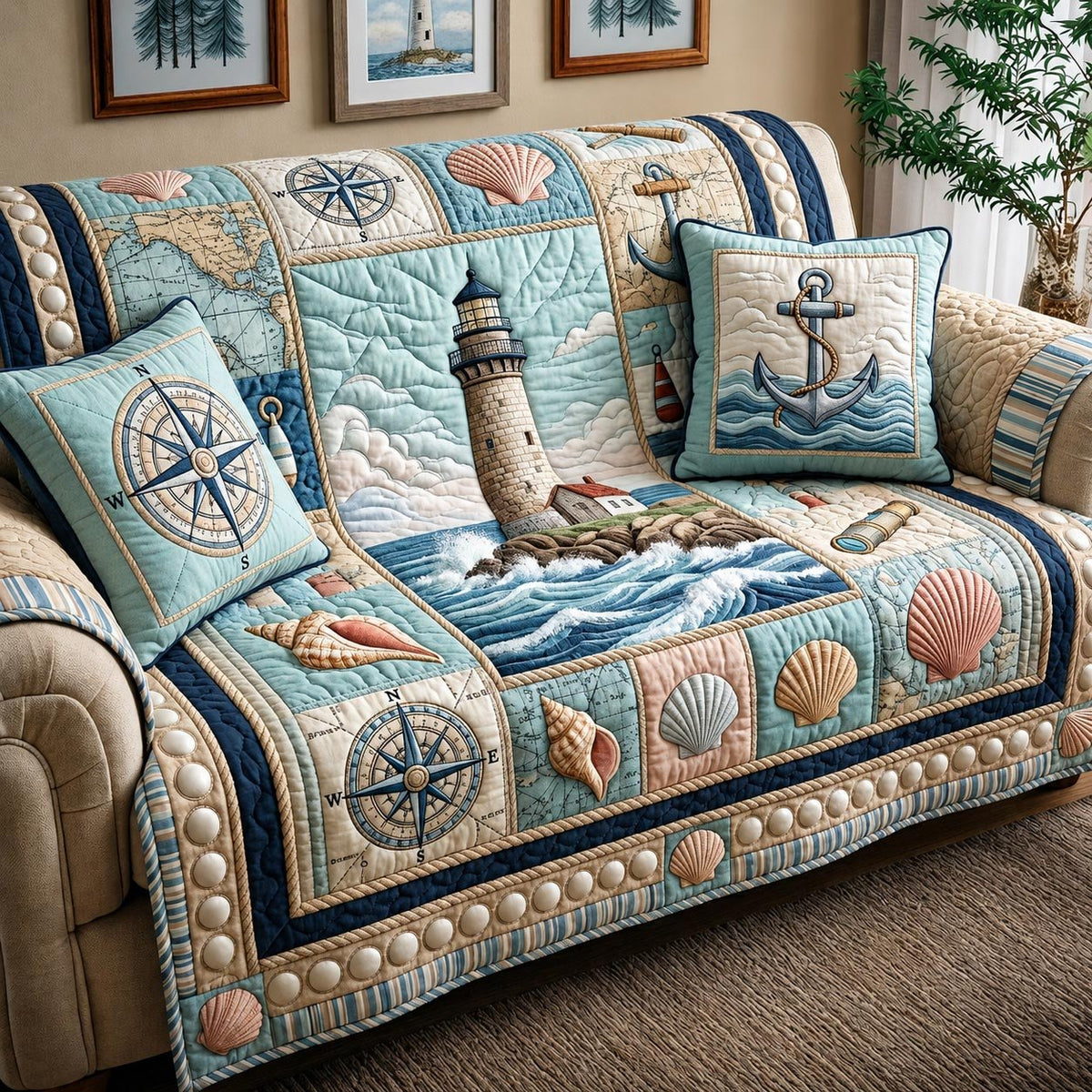 Lighthouse and Shell Nautical Blocks Sofa Cover