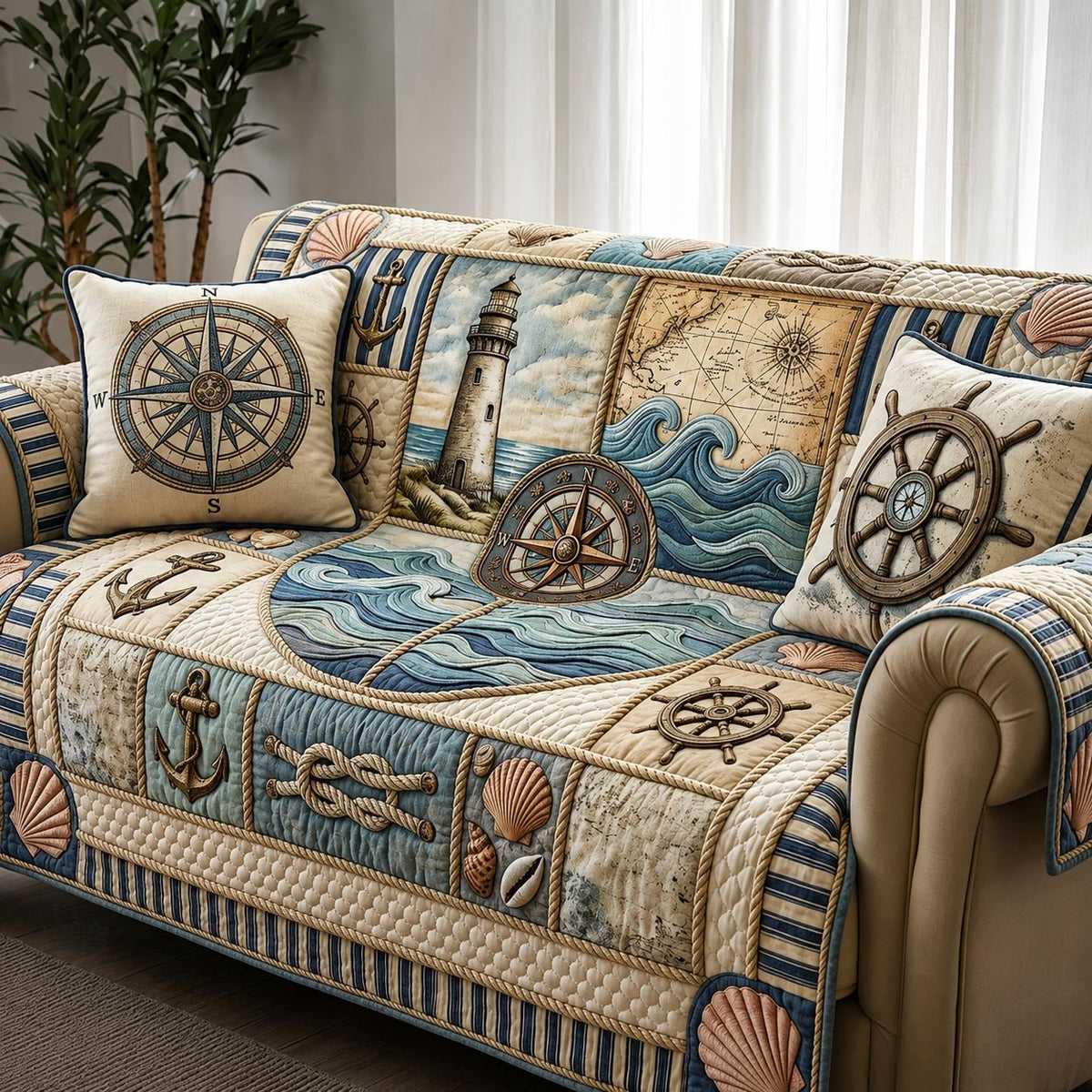 Compass and Ship Wheel Blocks Sofa Cover