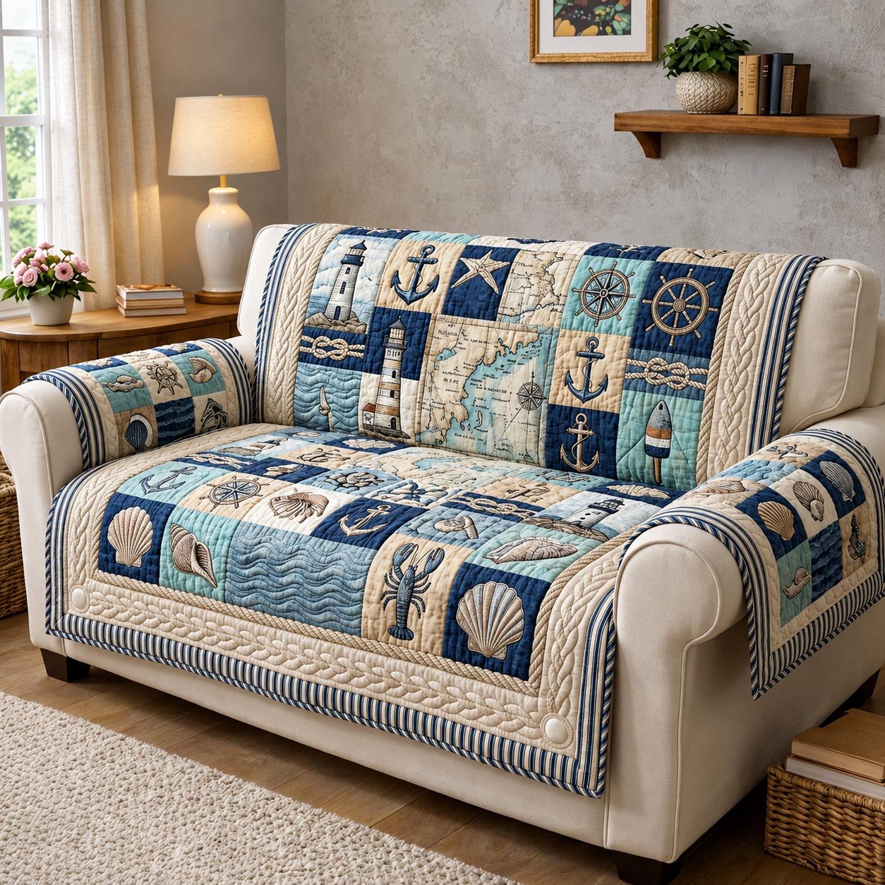 Anchors and Shells in Blue Blocks Sofa Cover