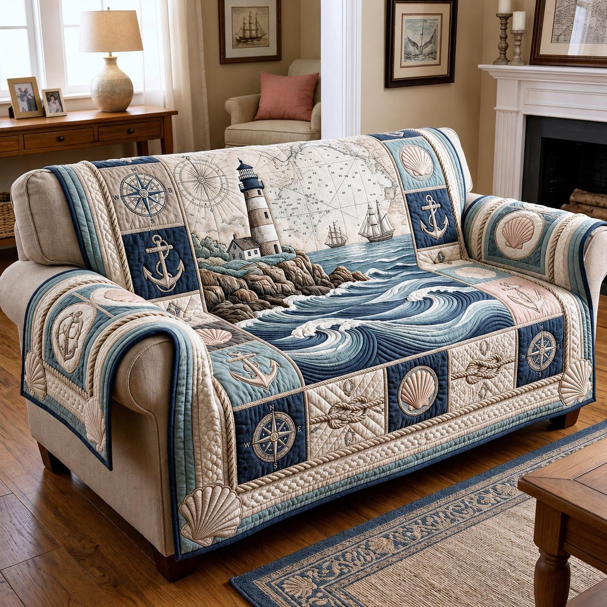 Lighthouse on Cream and Navy Waves Sofa Cover