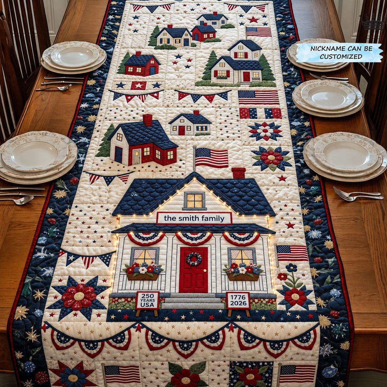 Blue Cottage with Flags and Name Table Runner