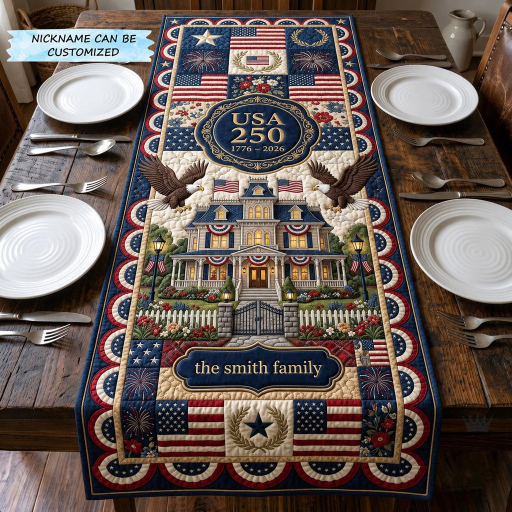USA 250 House with Flag Border Table Runner