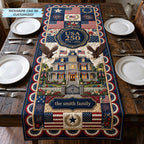 USA 250 House with Flag Border Table Runner