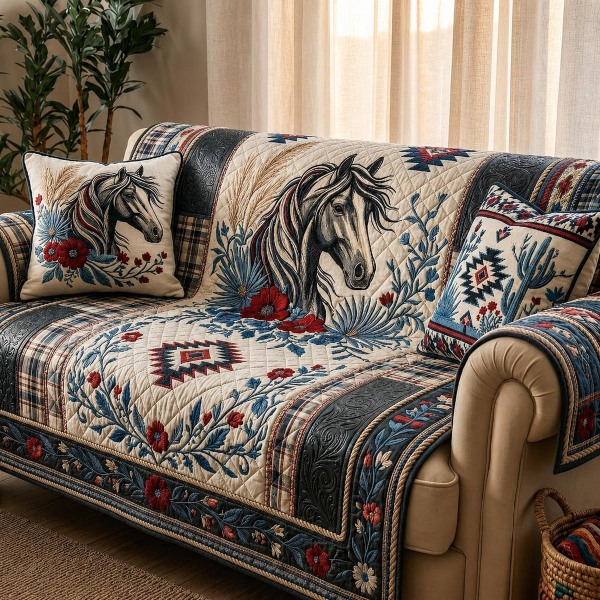 Black Horse on Cream Southwestern Sofa Cover