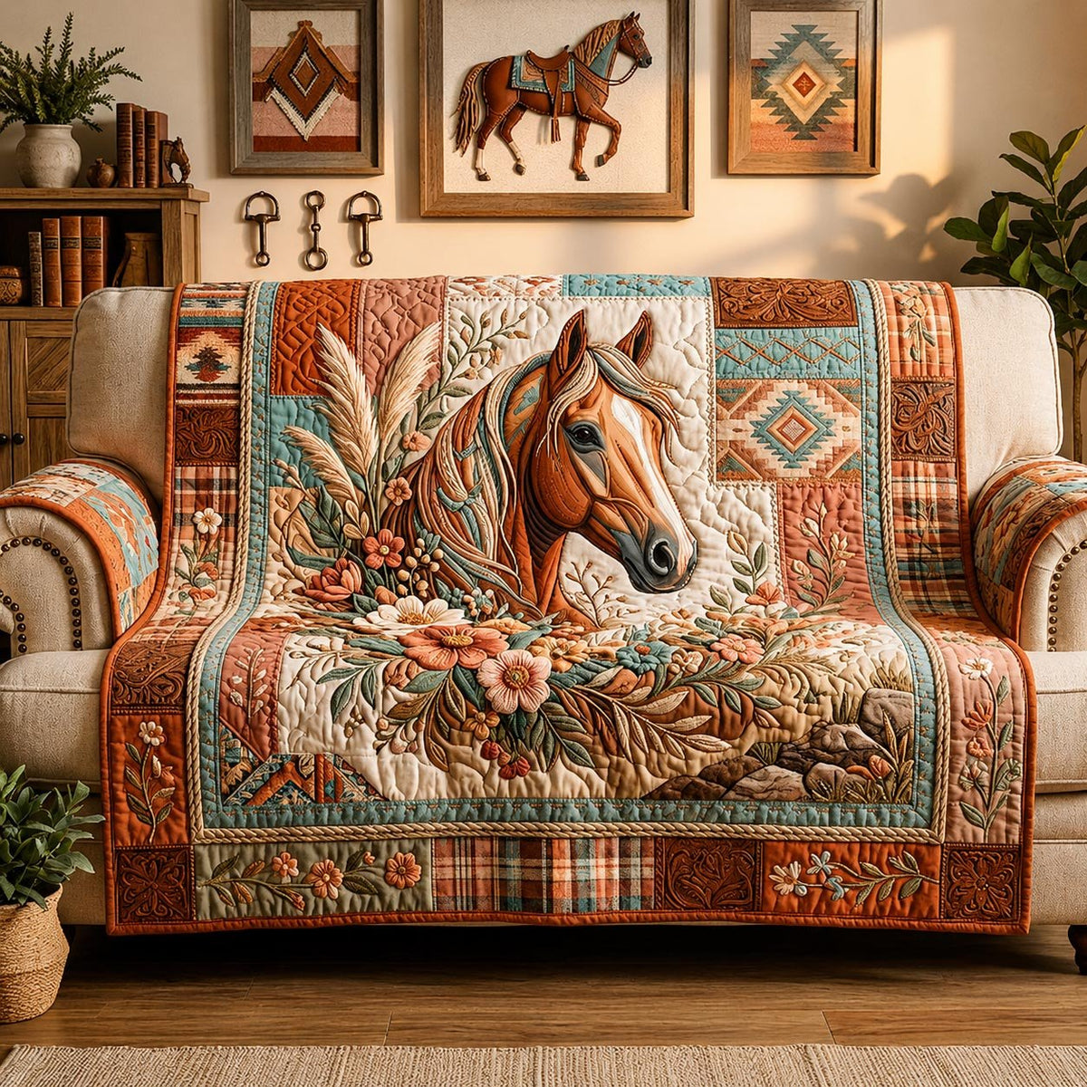 Horse Head with Rust Flowers Sofa Cover