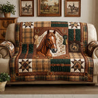 Horse Portrait on Green Plaid Sofa Cover