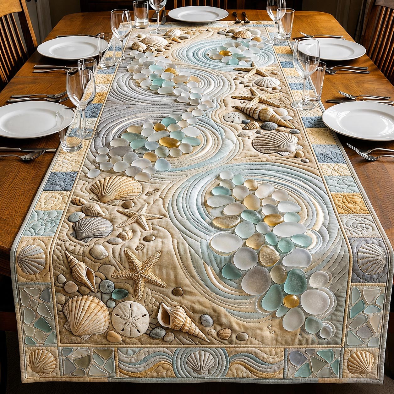 Sea Glass and Shells on Cream Table Runner