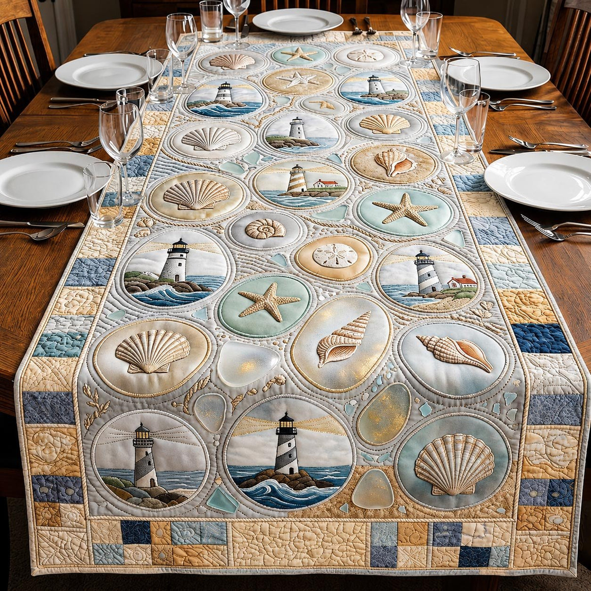 Lighthouse Circles on Pale Blocks Table Runner