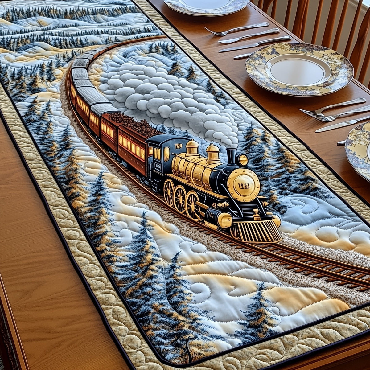 Steam Train Through Snowy Pines Table Runner