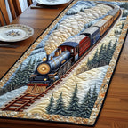 Blue Locomotive on Snowy Track Table Runner