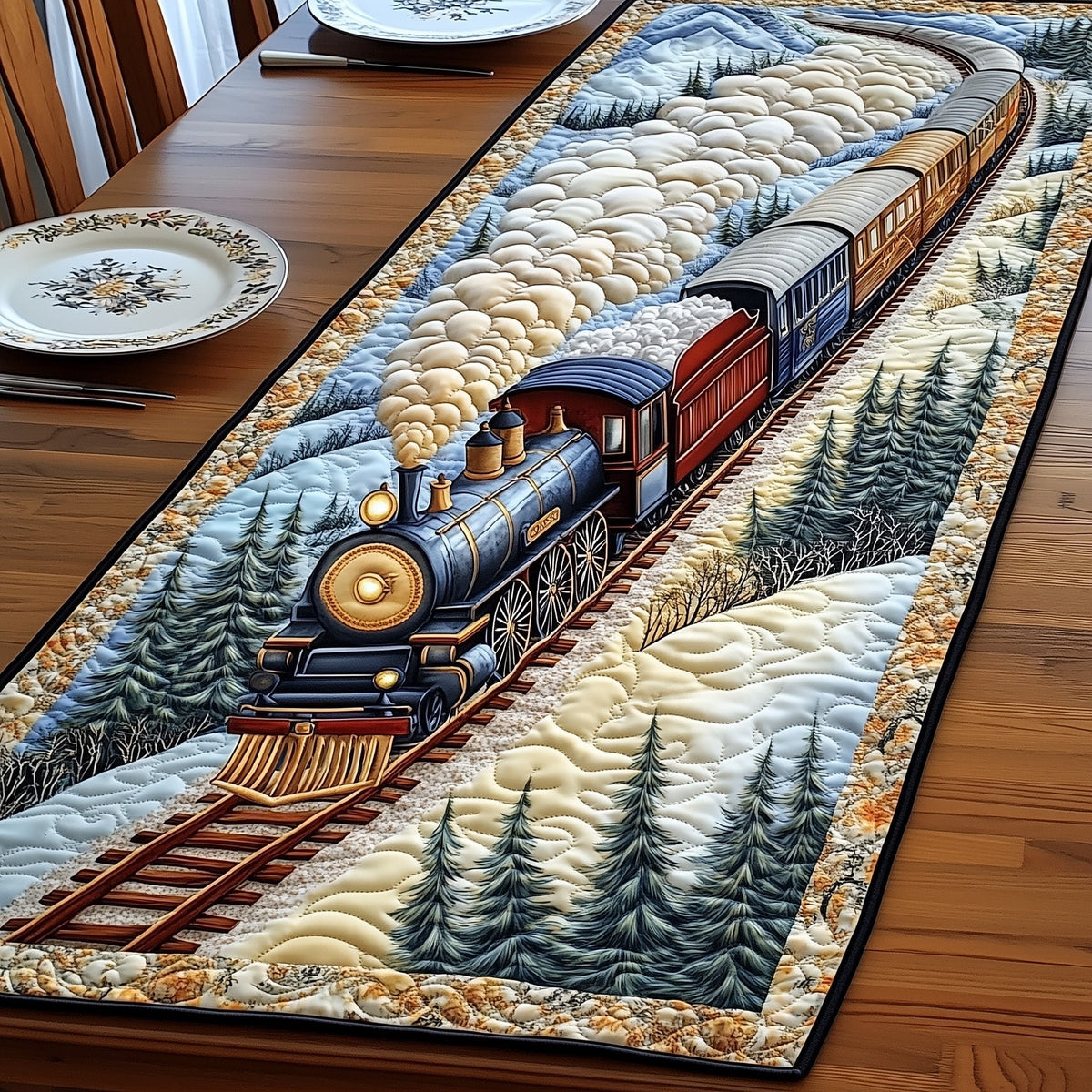 Blue Locomotive on Snowy Track Table Runner