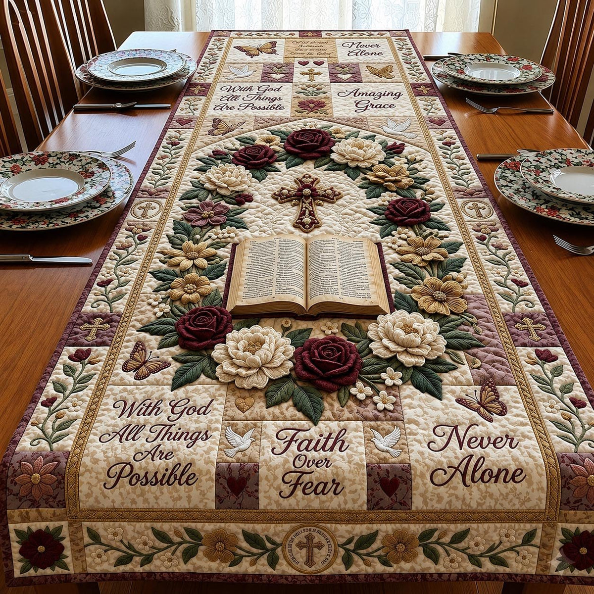 Faith Over Fear Open Bible Cross Table Runner