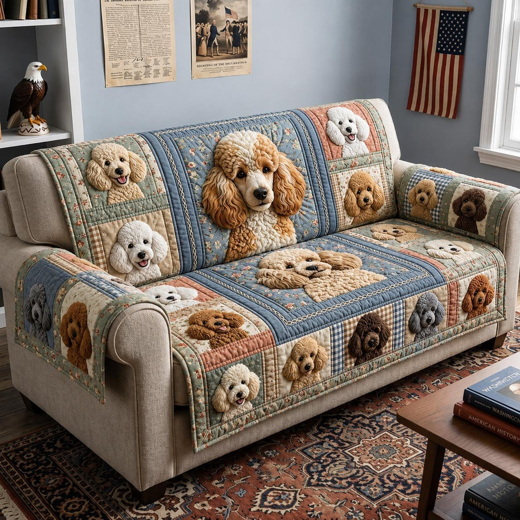 Poodles in Cream and Blue Blocks Sofa Cover