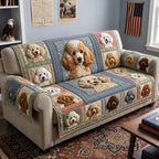 Poodles in Cream and Blue Blocks Sofa Cover