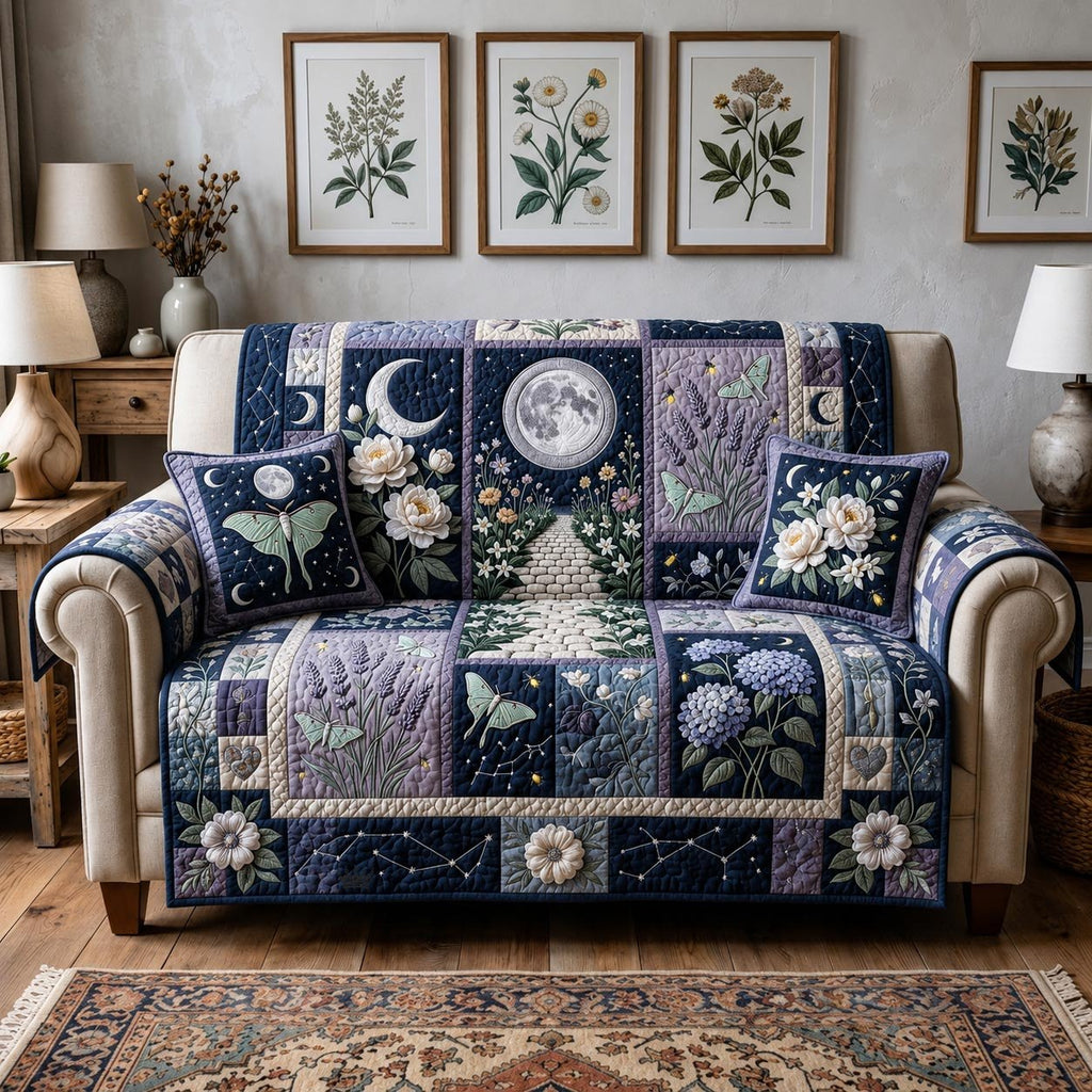 Moon and Blossoms on Navy Blocks Sofa Cover