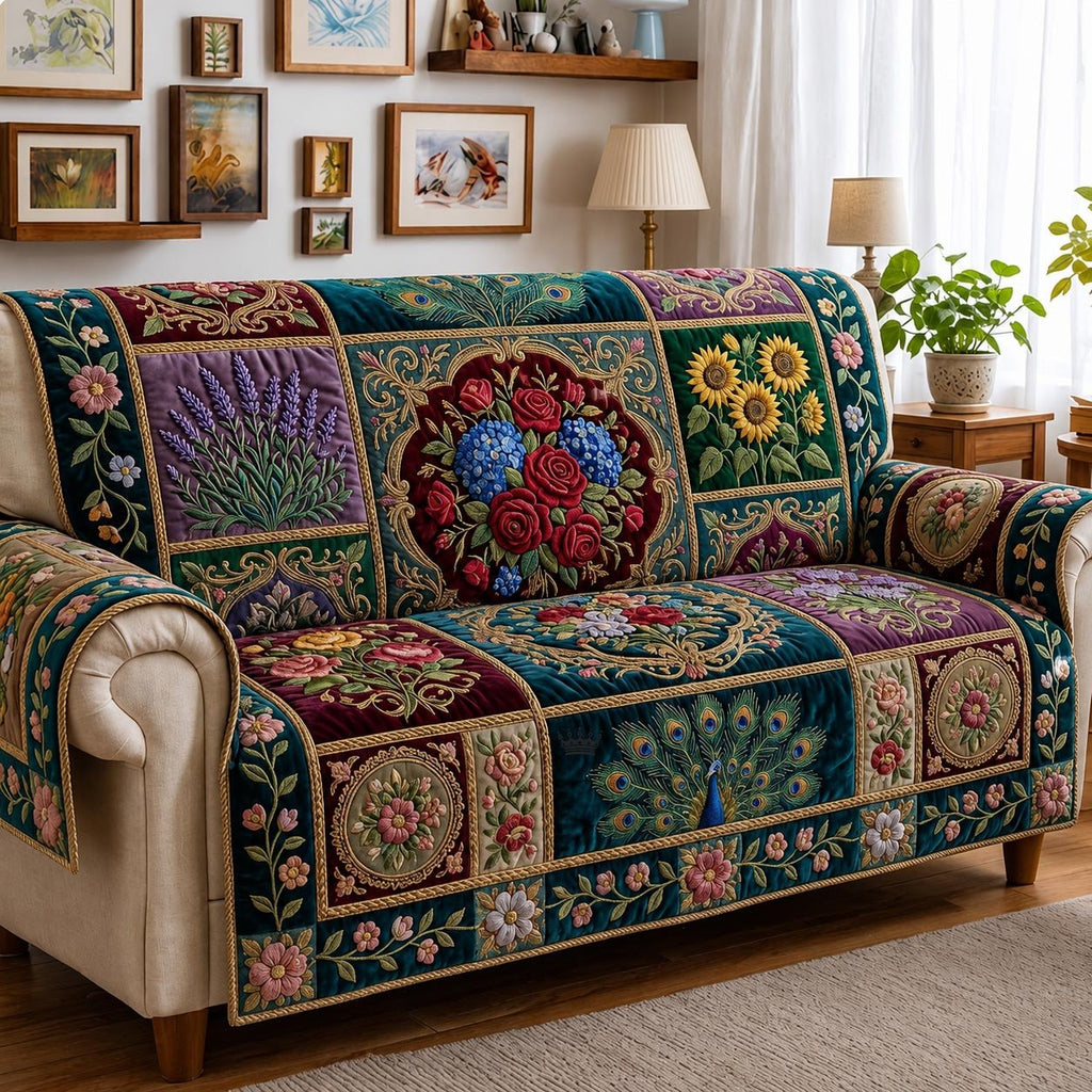 Folk Flowers on Jewel Blocks Sofa Cover