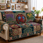 Folk Flowers on Jewel Blocks Sofa Cover