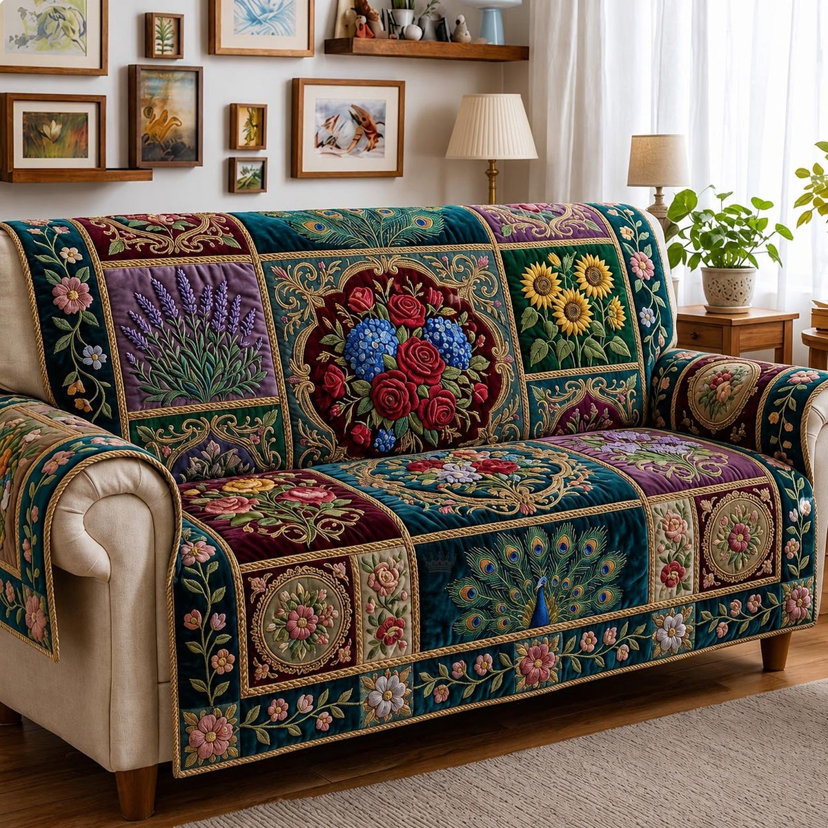 Folk Flowers on Jewel Blocks Sofa Cover