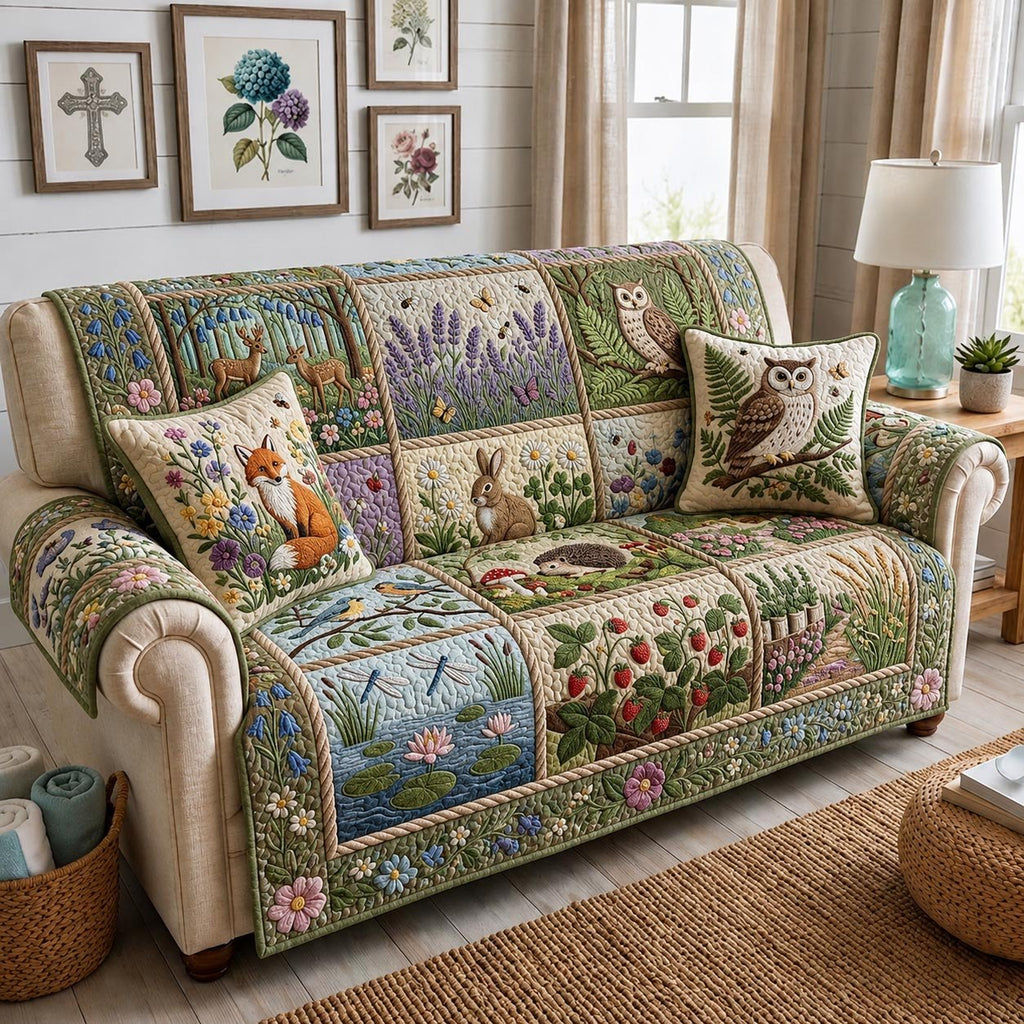 Woodland Animals in Flower Blocks Sofa Cover