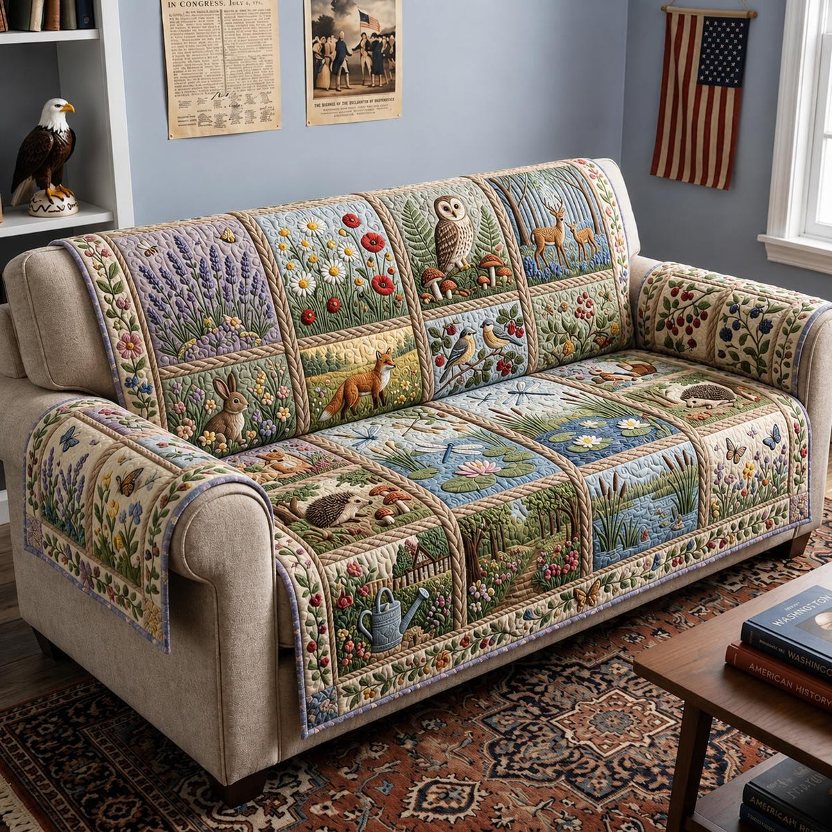 Garden Blocks with Rabbits and Lavender Sofa Cover