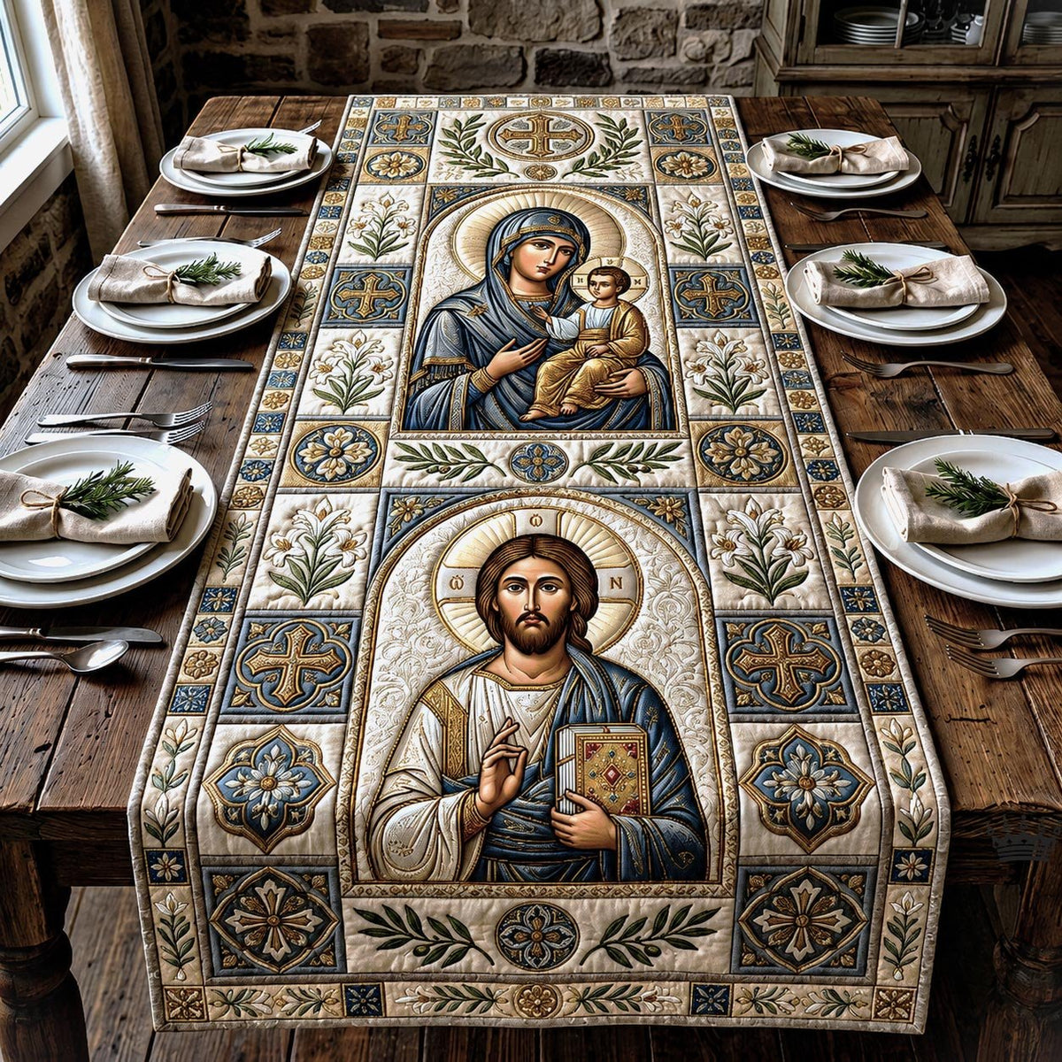 Icon Panels of Jesus and Mary Table Runner
