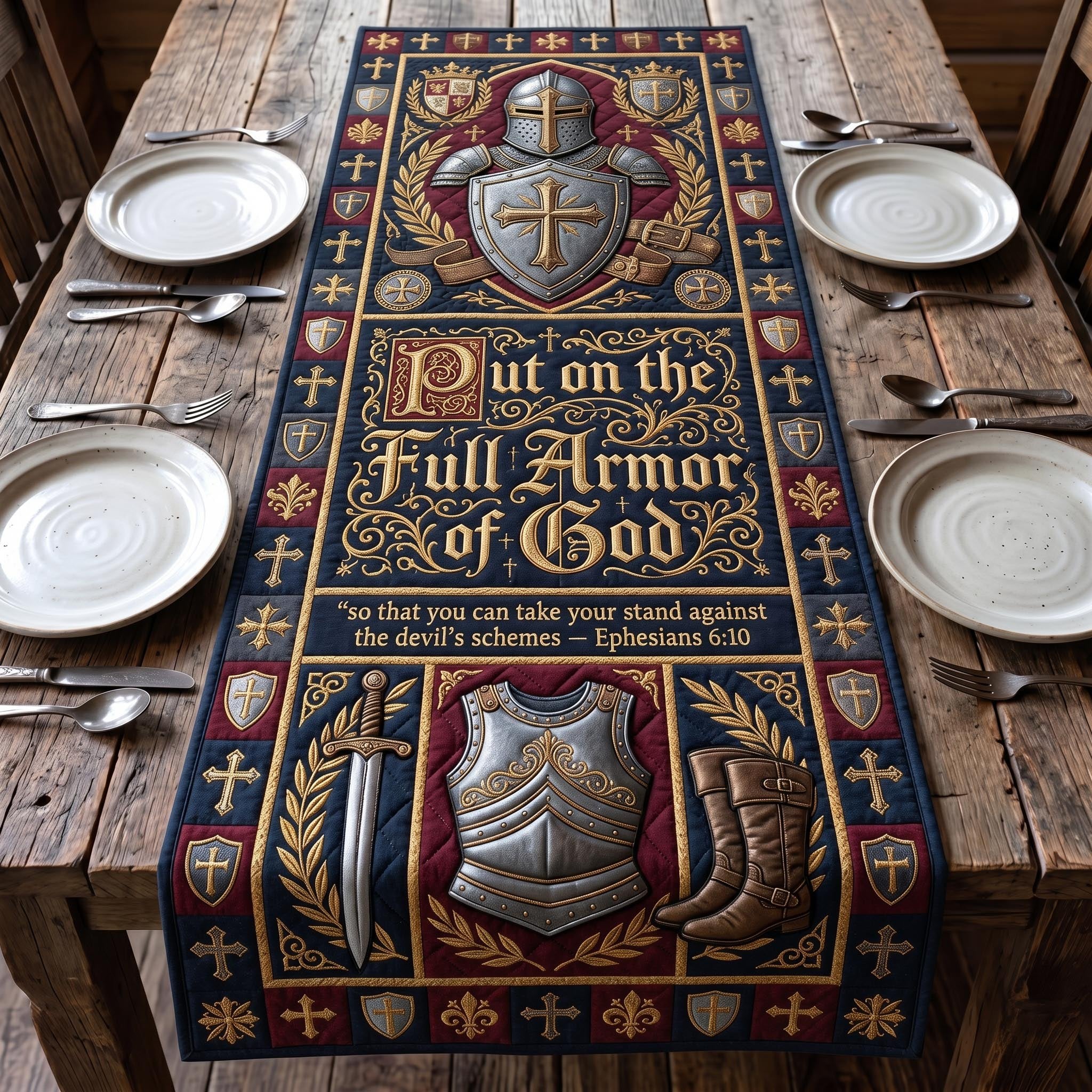 Full Armor of God Blue Shield Table Runner