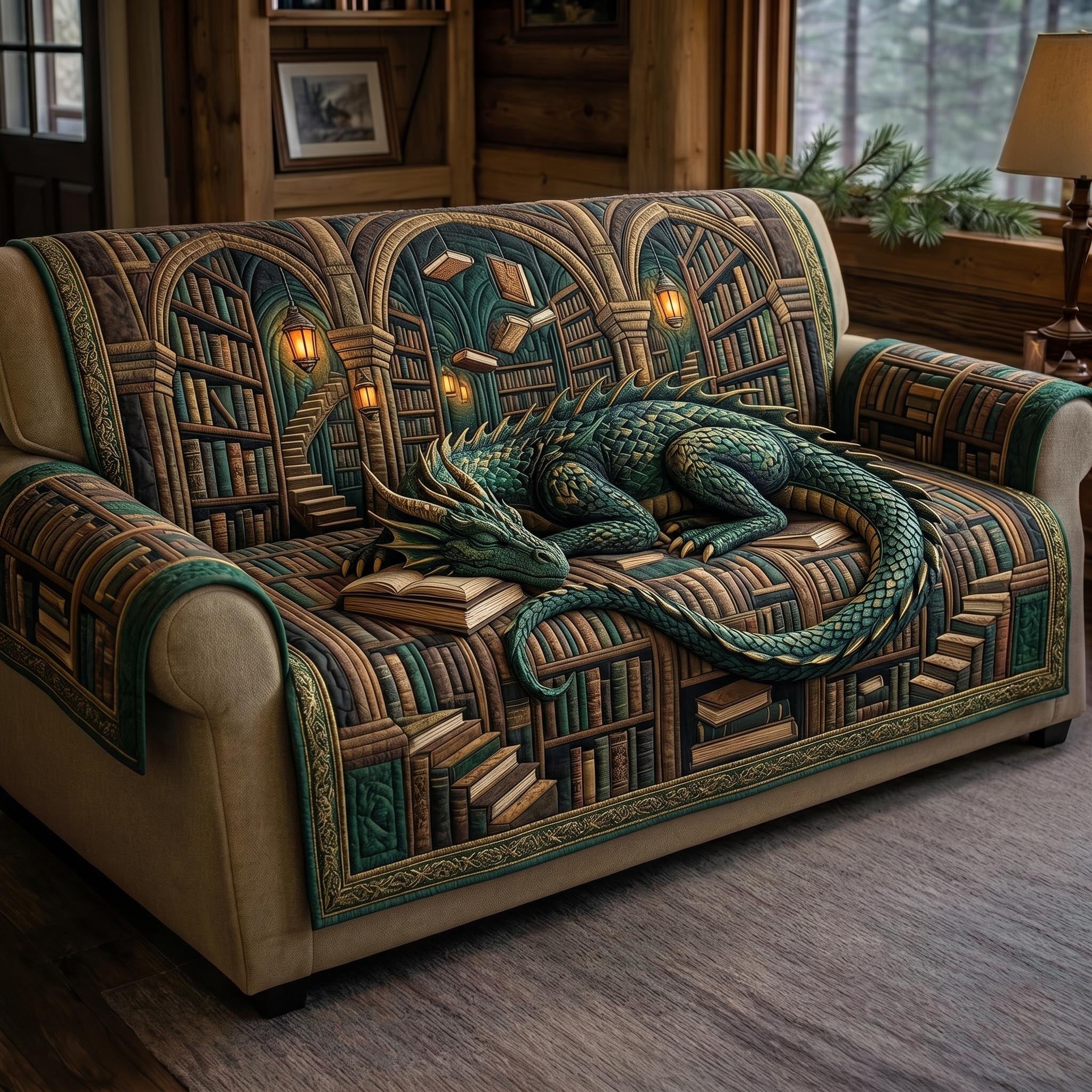 Green Dragon Among the Bookshelves Sofa Cover