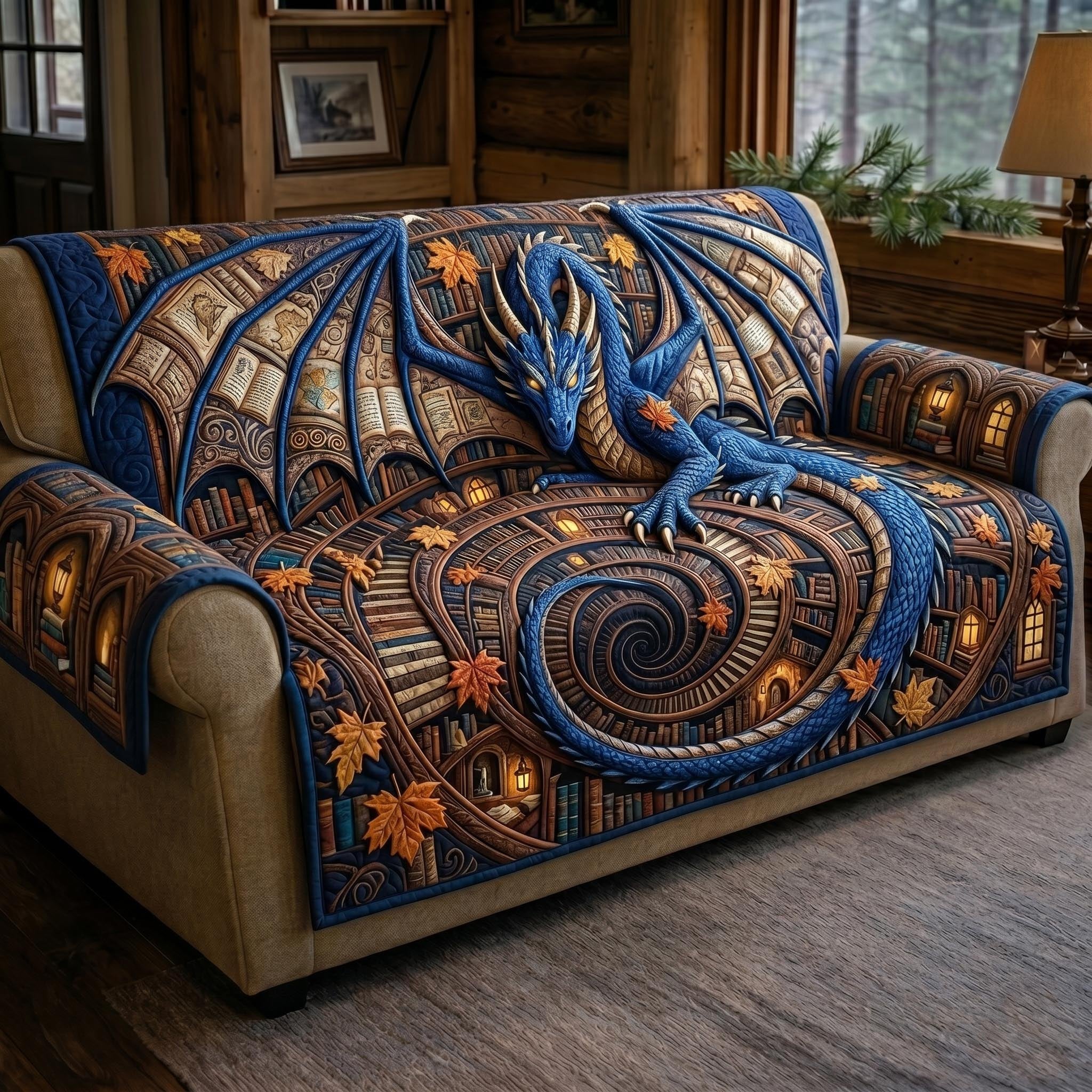 Blue Dragon on the Spiral of Books Sofa Cover