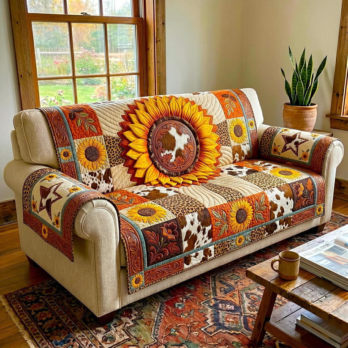 Sunflower on Cowhide and Rust Blocks Sofa Cover