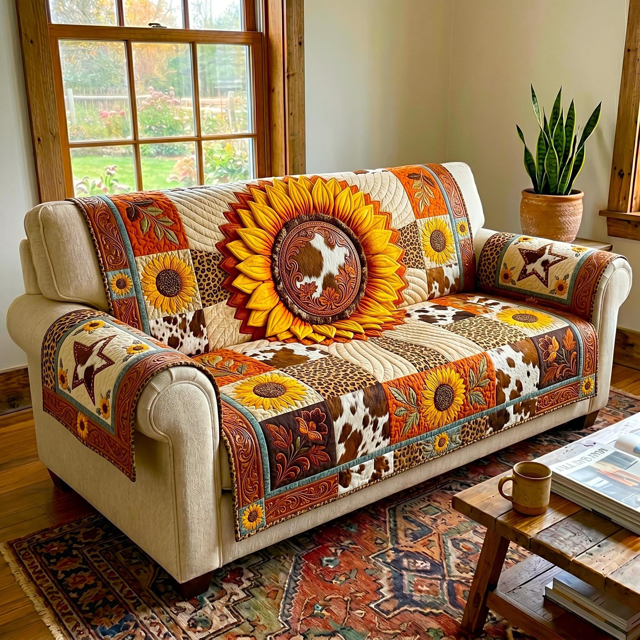 Sunflower on Cowhide and Rust Blocks Sofa Cover