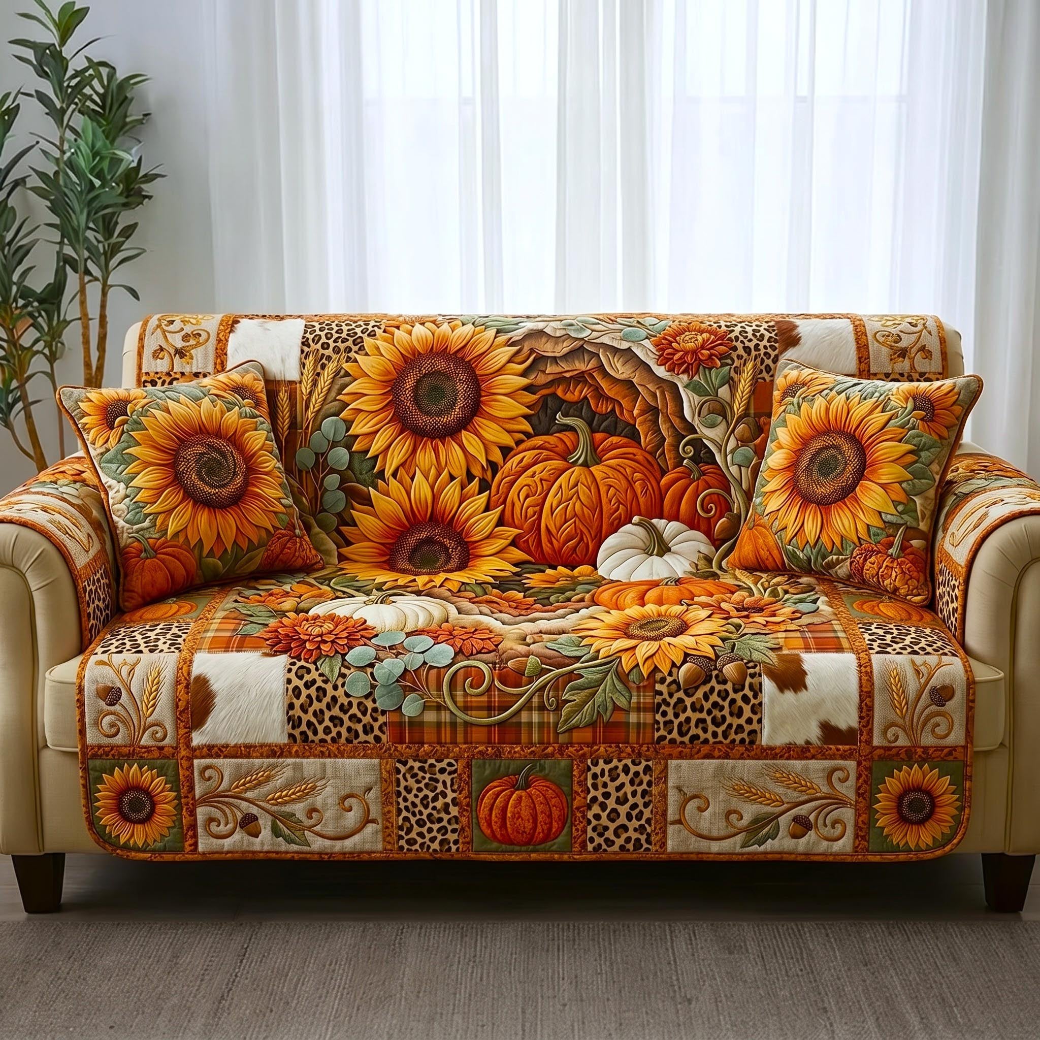 Sunflowers and Pumpkins on Rust Sofa Cover