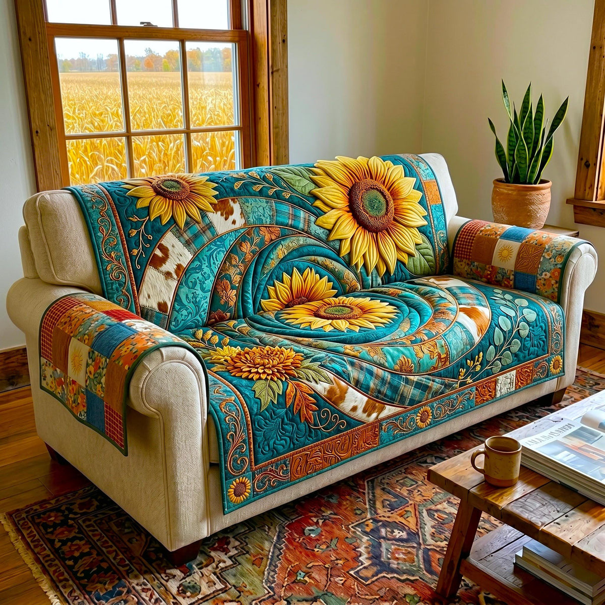 Sunflower on Turquoise Swirl Sofa Cover