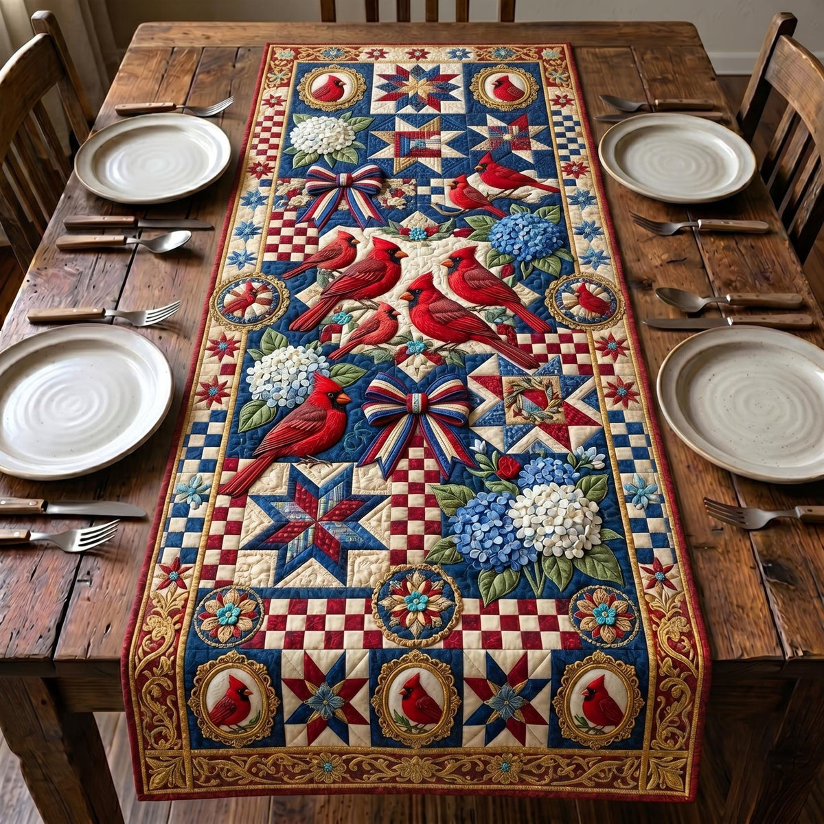 Cardinals with Patchwork Star Blocks Table Runner