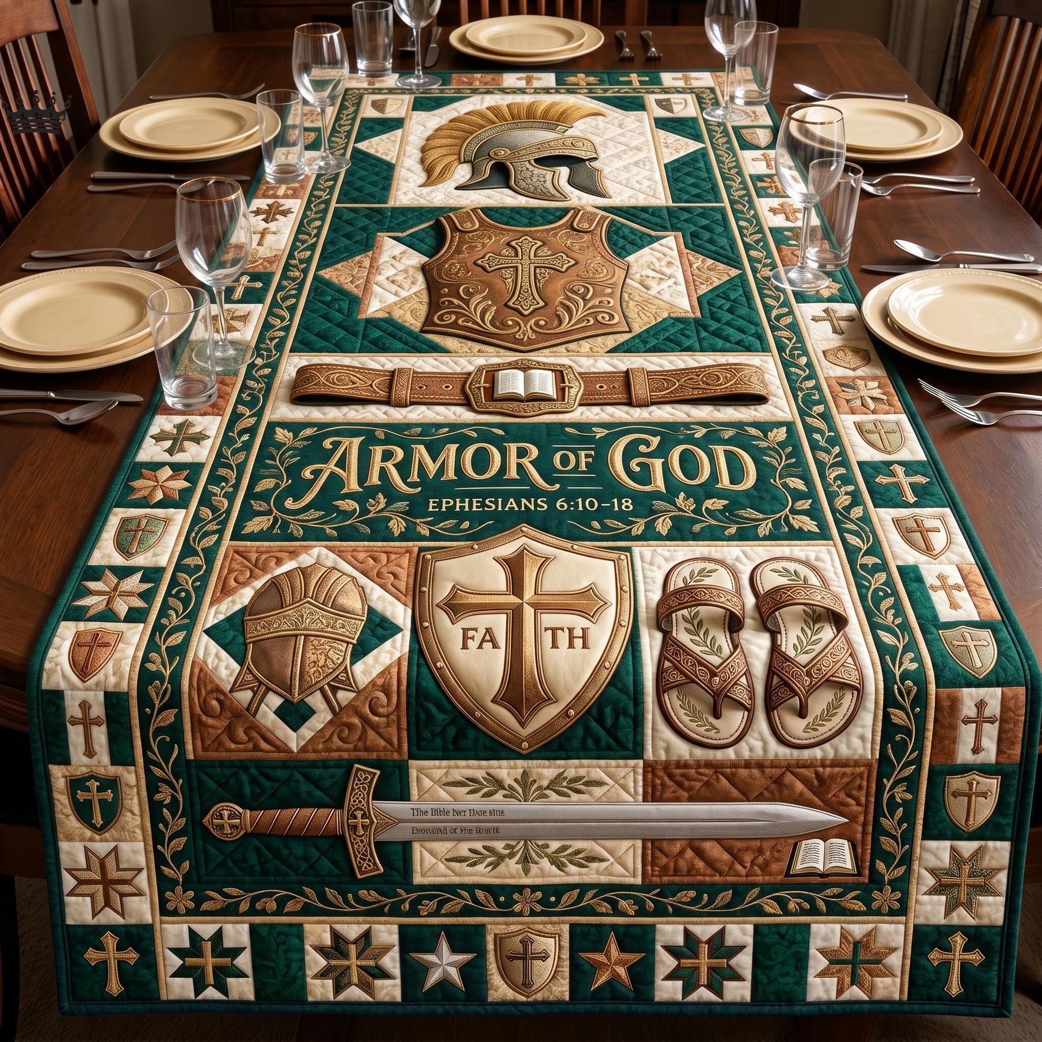 Armor of God Faith Shield Green Table Runner