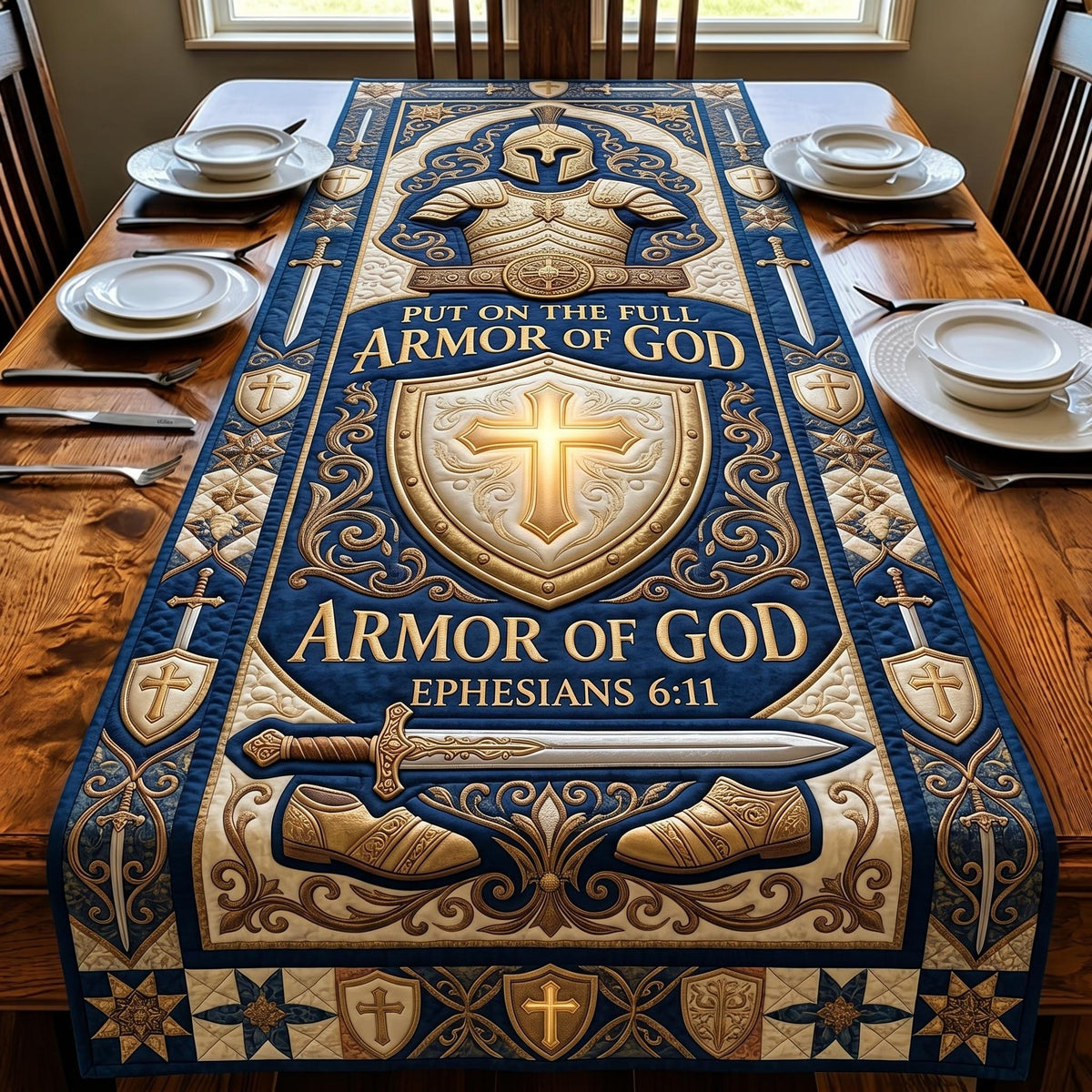 Armor of God with Glowing Cross Table Runner