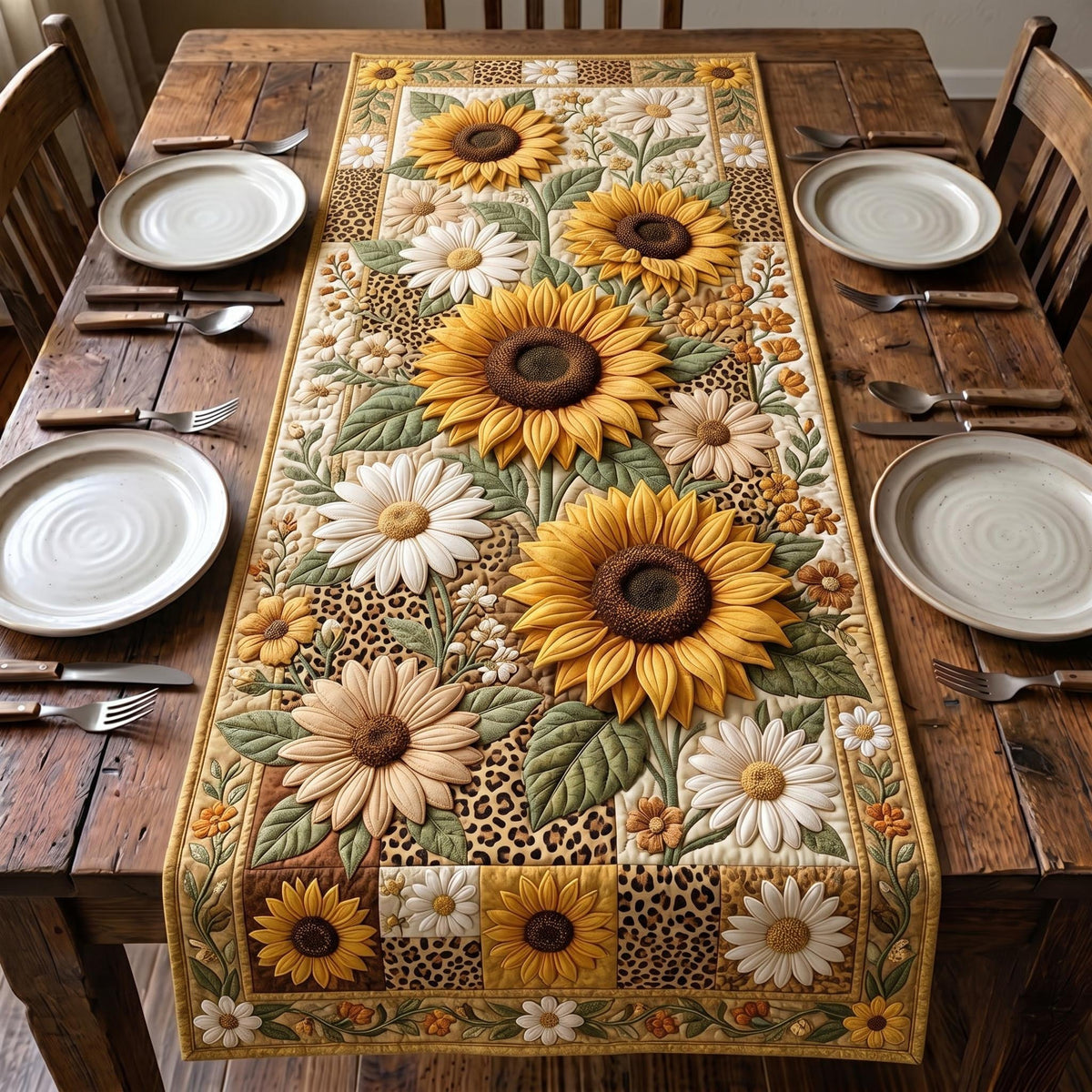 Sunflowers on Tan Patchwork Table Runner