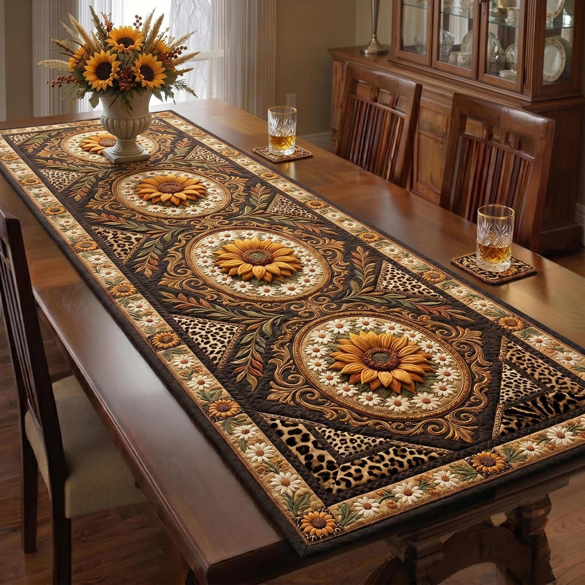 Sunflower Medallions with Leopard Border Table Runner