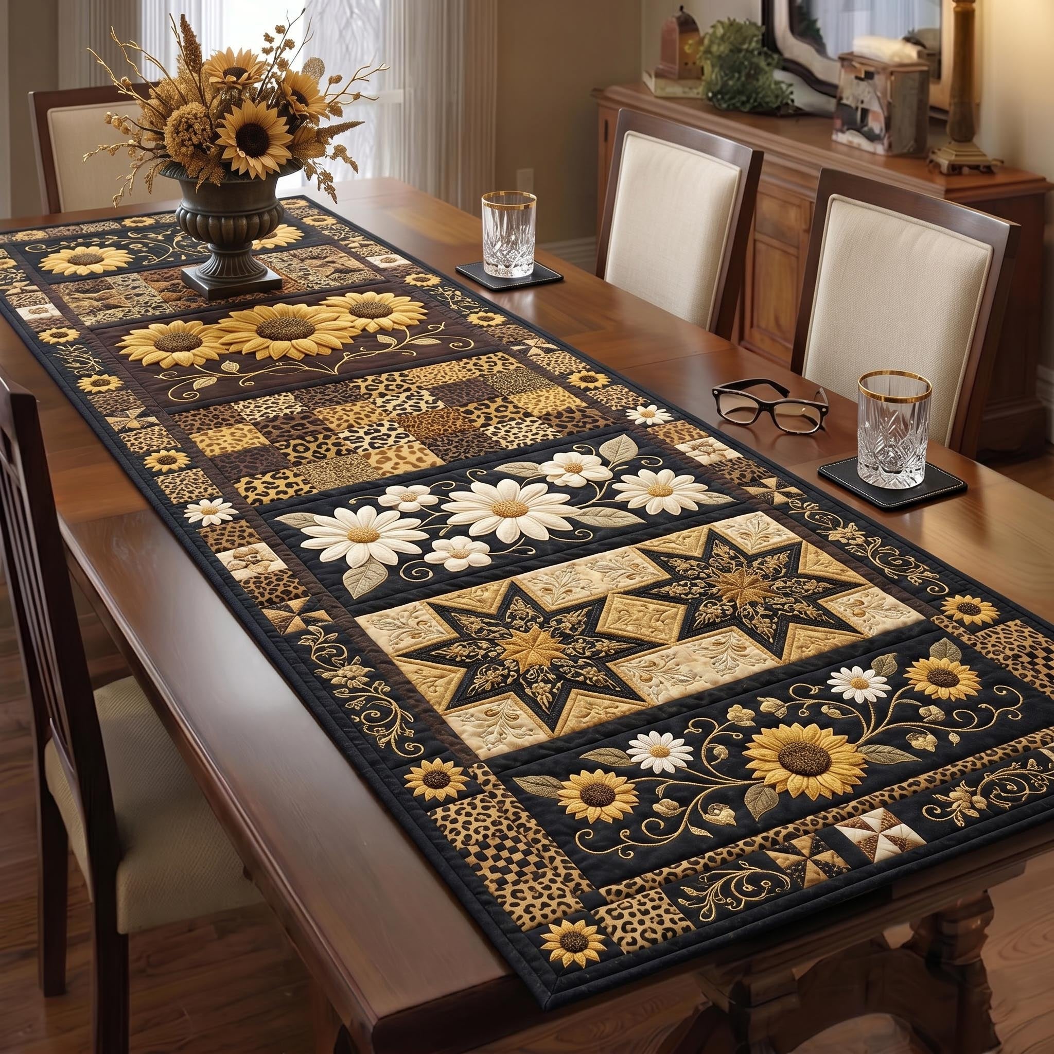 Daisies and Stars on Black and Gold Table Runner