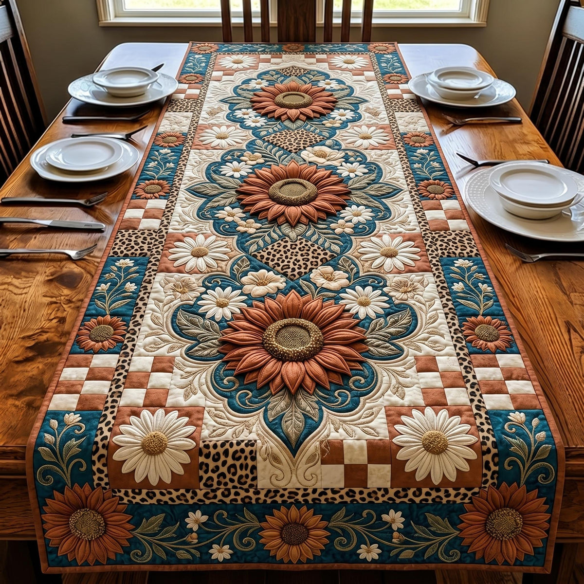 Ornate Flower Medallions on Cream Table Runner