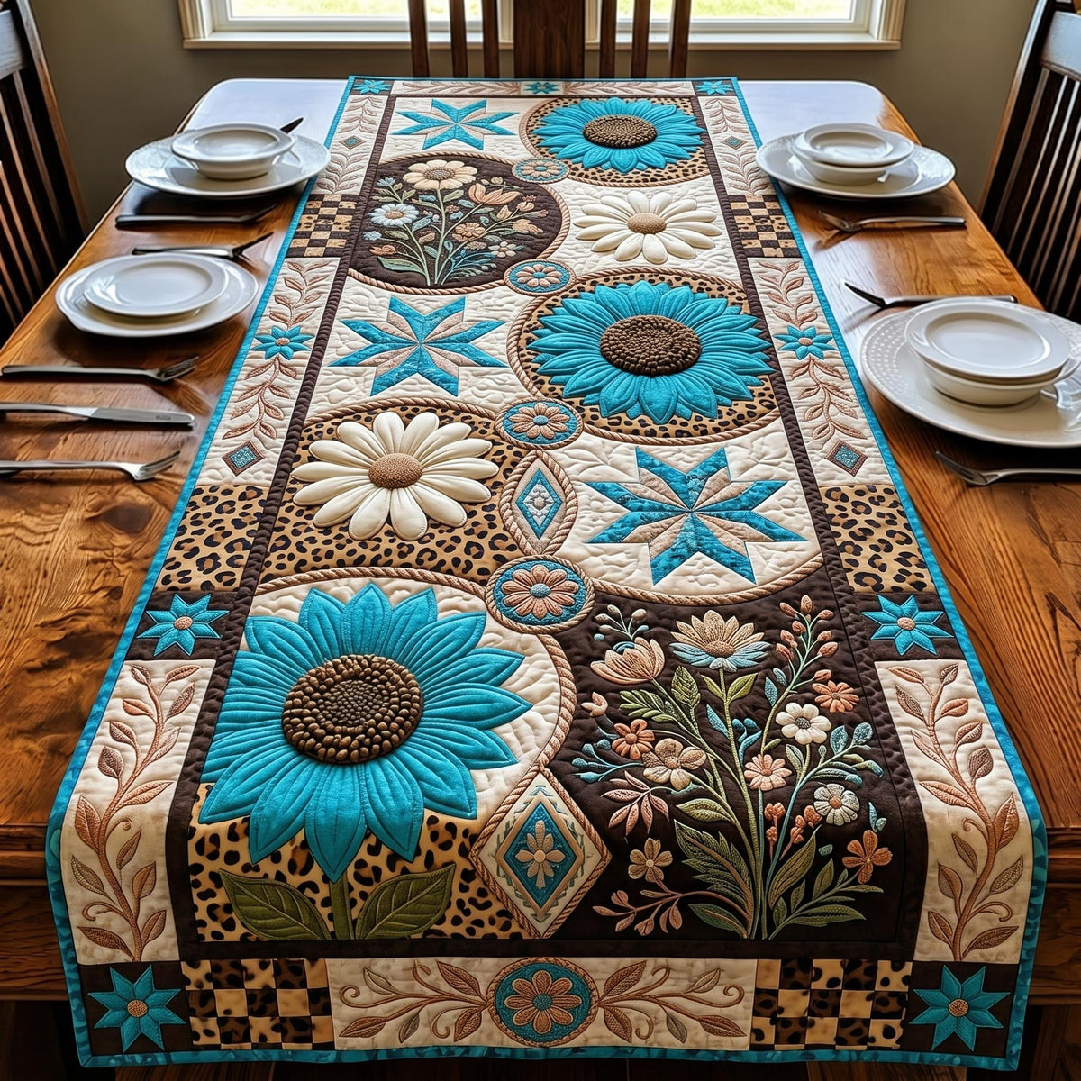Teal Flowers on Cream Blocks Table Runner