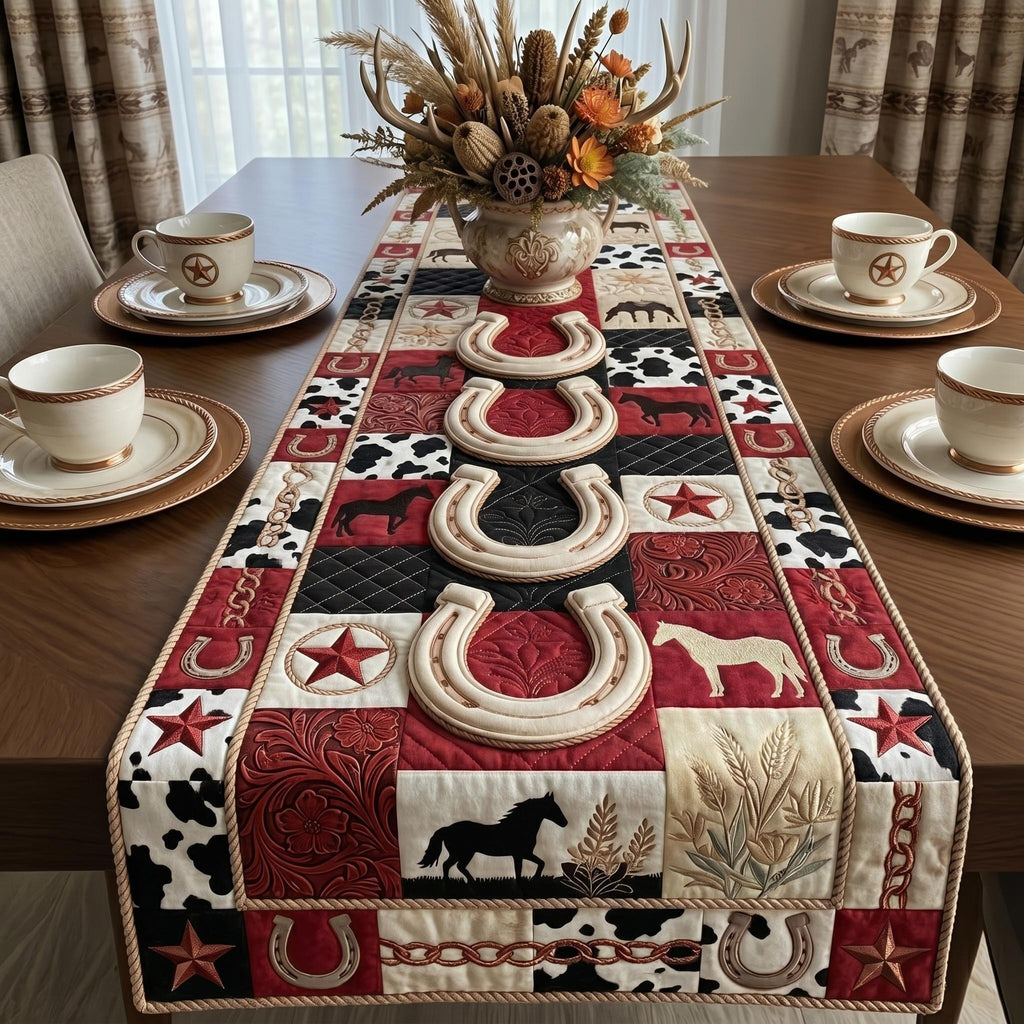Horseshoes on Red and Cream Blocks Table Runner