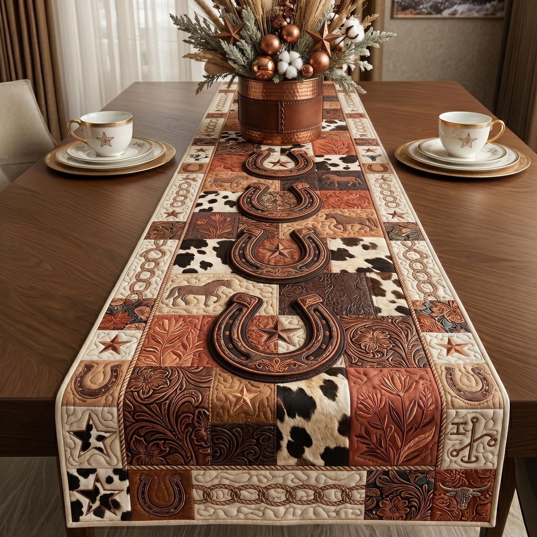Horseshoes on Cowhide Blocks Table Runner