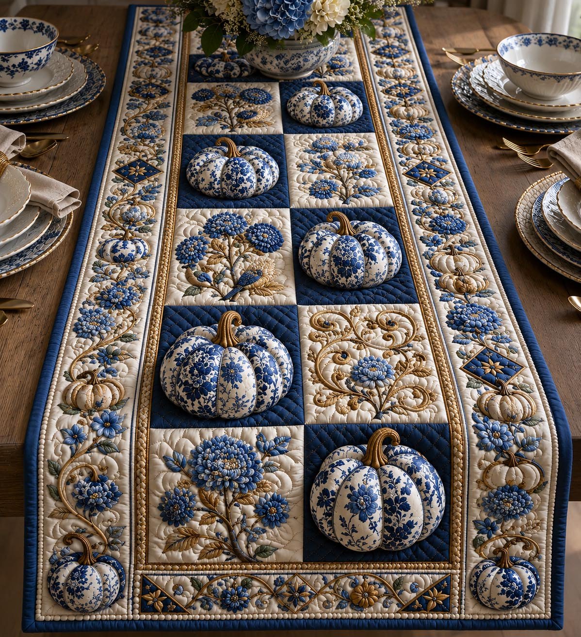 Blue and White Pumpkins with Florals Table Runner
