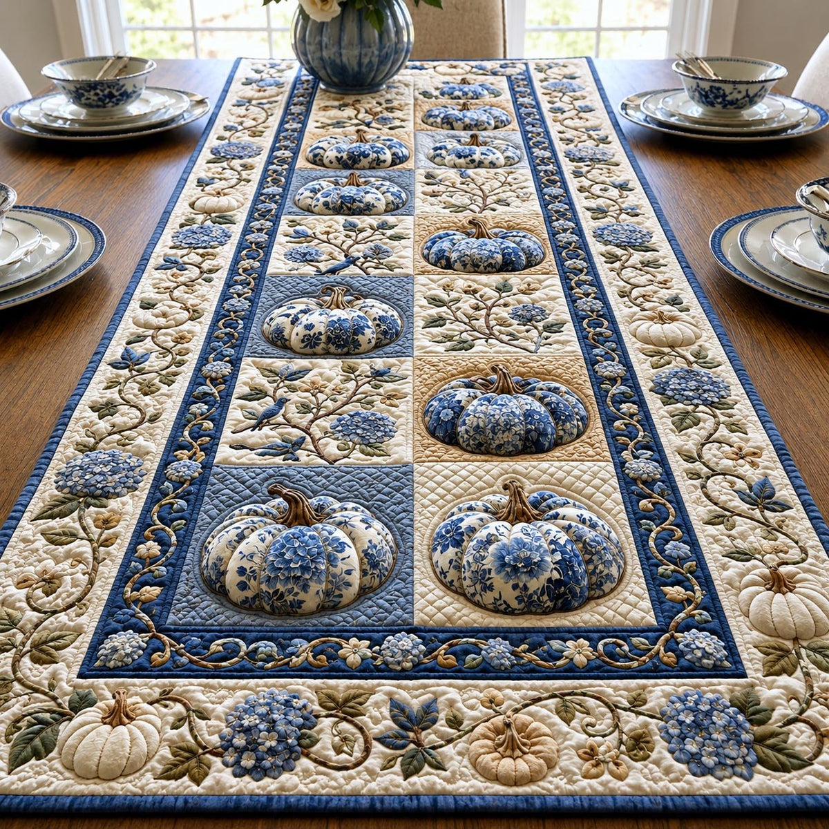 Blue Pumpkin Blocks on Cream Table Runner