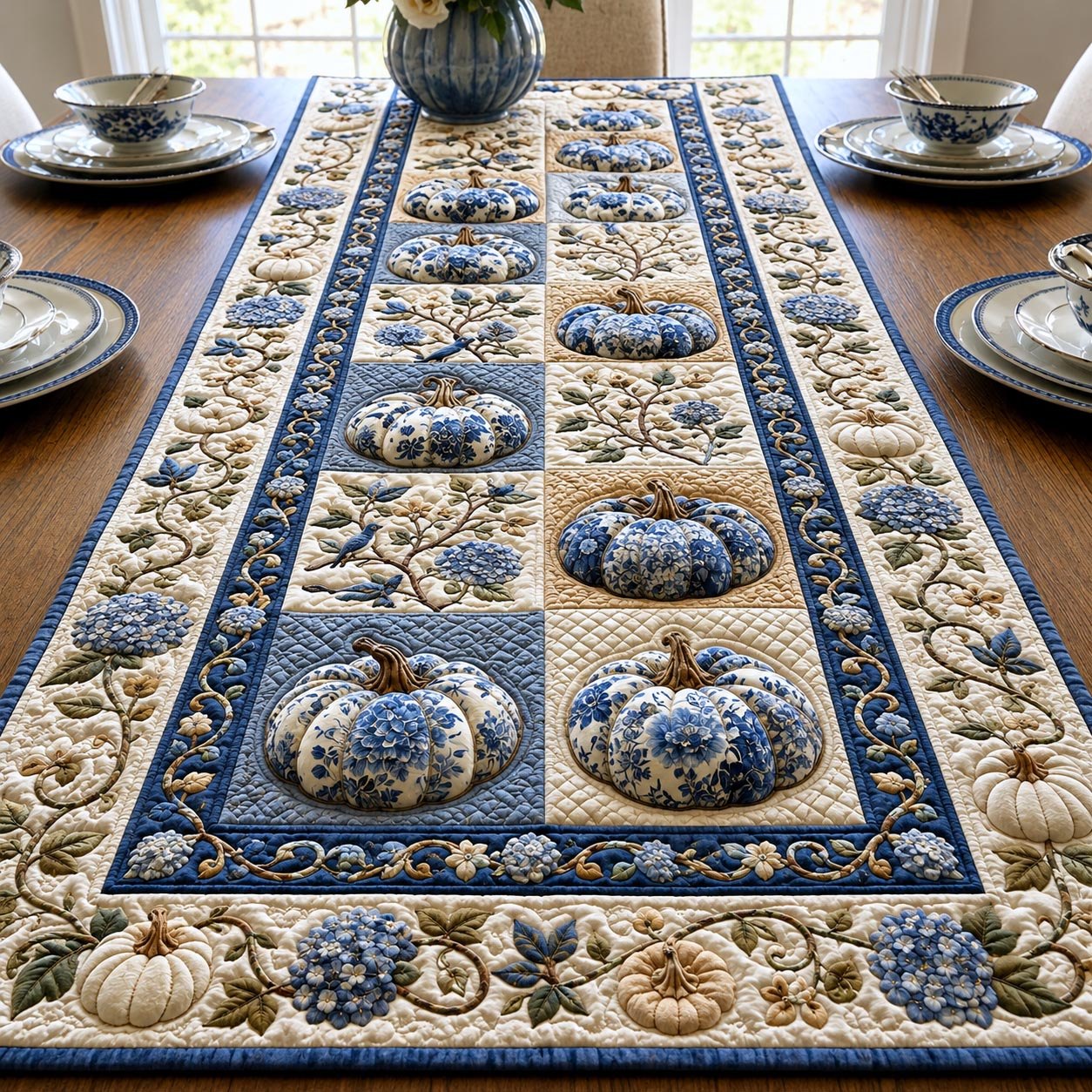 Blue Pumpkin Blocks on Cream Table Runner